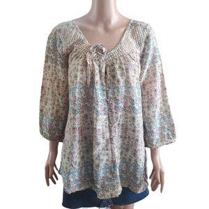 Truce Size L/XL Boho Floral Guaze Cotton & Lace Tunic with Front Tie India Made